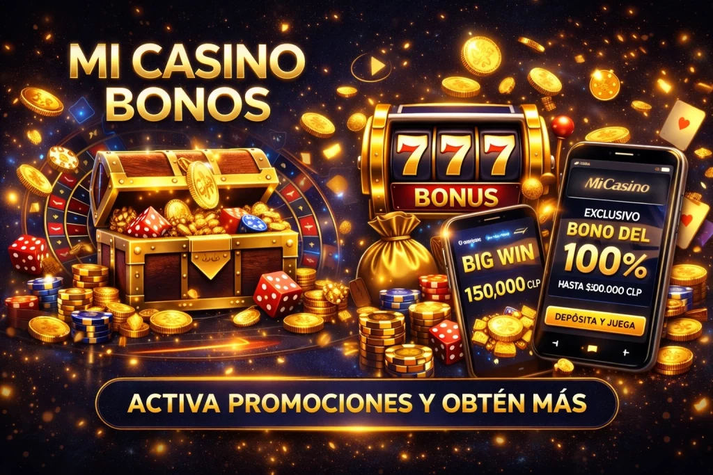 Promoción de bonos en Mi Casino con monedas doradas, tragamonedas 777 y diseño azul oscuro