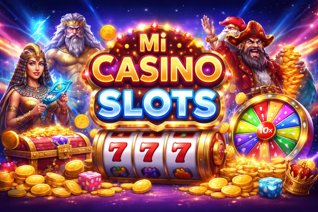 Escena promocional de Mi Casino Slots con un gran letrero luminoso en el centro, una máquina tragamonedas con combinación 777, montones de monedas doradas, una ruleta multicolor, una reina egipcia a la izquierda, una figura mitológica con relámpago al fondo y dos piratas a la derecha sobre un fondo brillante de luces y estrellas.